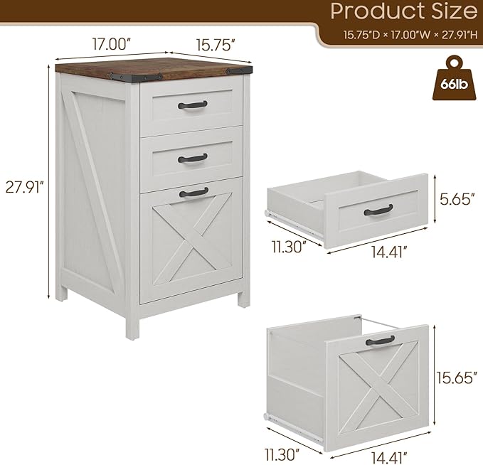 Vabches Vertical File Cabinet with 3 Drawers, Wooden Farmhouse Filing Cabinet for Letter/A4 Size Hanging Files, Under Desk Printer Stand with Storage for Home Office, Rustic White