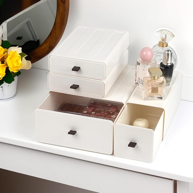 ZEXALOR White Desk Organizer with Drawers, Dresser Desktop Makeup Nightstand Organizer, Storage Drawer for Small Spaces Pens Stationary Cosmetic Junk, Office Supplies and Accessories (4-Drawer)