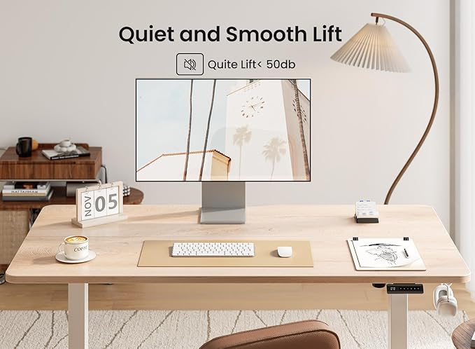BANTI 63 × 28 Inches Standing Desk, Ergonomic, Electric Height Adjustable, Sit and Stand Up, Computer Desk with a Deeper Desktop, White Frame/Maple Top