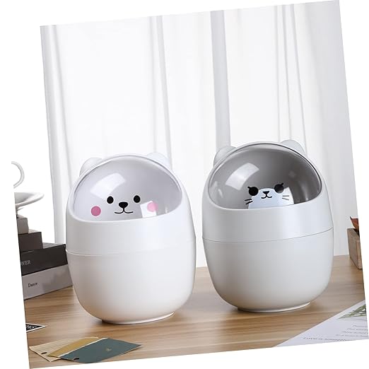 PRETYZOOM 2pcs Desktop Trash Can Lid Mini Small Trash Bin Countertop Garbage Bucket Slim Can for Home Office White Gray