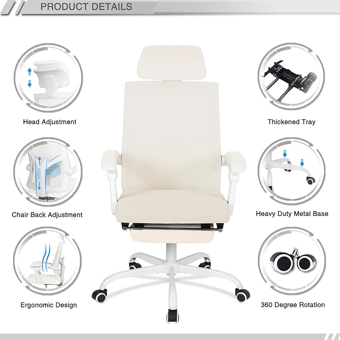 Qulomvs Home Office Desk and Chair Set, Home Office Furniture Sets, Computer Desk with Drawers & Shelves, Ergonomic Office Chair with Footrest Mesh Home Office Desk Chair