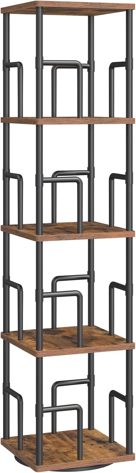 MAHANCRIS 4-Tier Rotating Bookshelf, Freestanding Corner Bookshelf, 360° Spinning Bookcase, Industrial Style Storage Rack with Rails, for Living Room, Bedroom, Study, Rustic Brown and Black BKHR1501