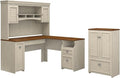 Bush Furniture Fairview 60W L Shaped Desk with Hutch and Storage Cabinet with File Drawer in Antique White and Tea Maple