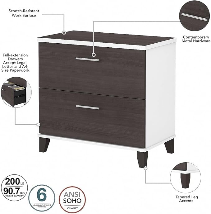 Bush Home Somerset 72W 3 Position Sit to Stand L Shaped Desk with Hutch and File Cabinet in White and Storm Gray