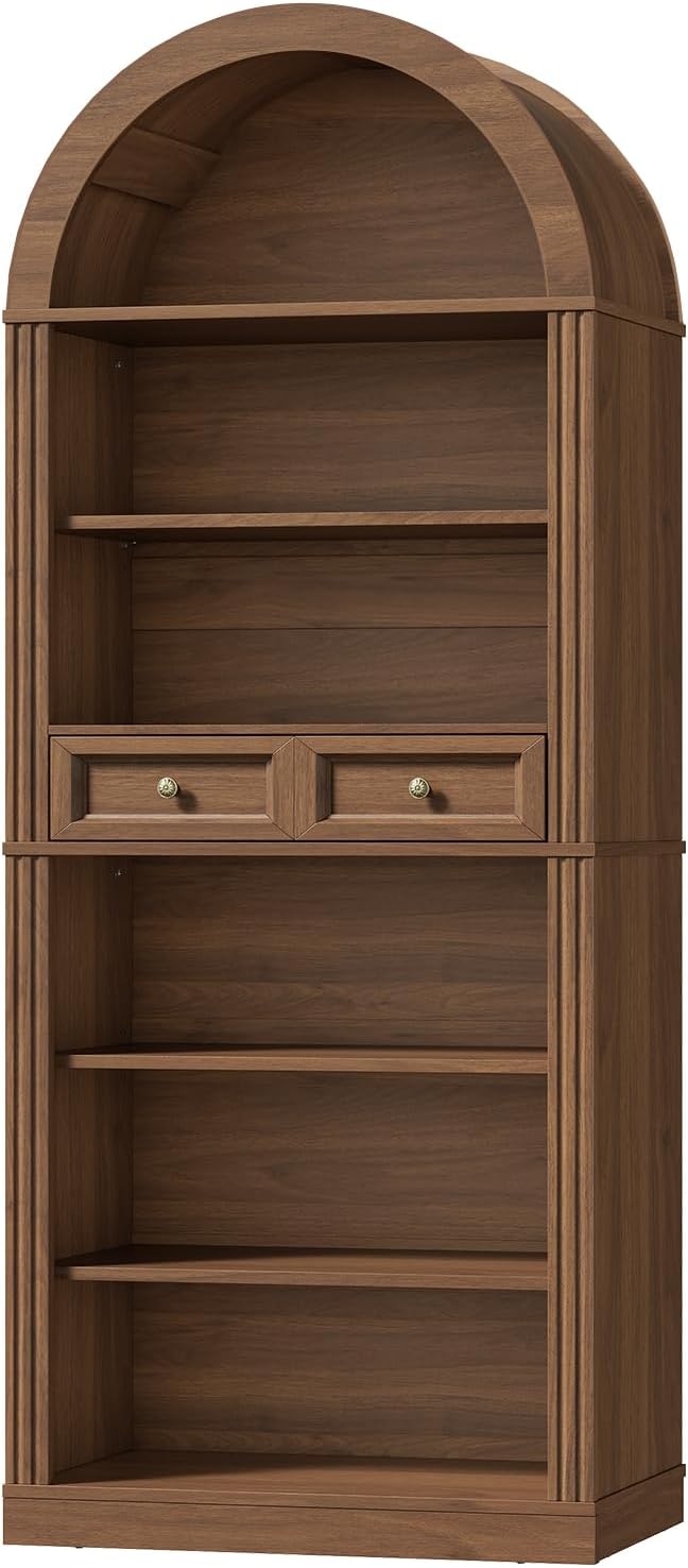 RALGEND Arched Bookshelf, 73" Tall Arch Bookcase with Drawers, 6-Tier Farmhouse Book Shelf, Wooden Bookshelf with Open Display Shelves for Living Room, Office, Adjustable Shelf, Walnut