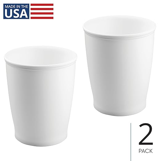 iDesign Small Round Bathroom Trash Can, Plastic Garbage Can for Bedroom, Office, Desk, Dorm, 2-Pack, White