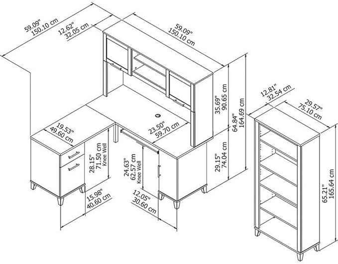 Pemberly Row 60W L Shaped Desk with Hutch and Bookcase, Storm Gray Engineered Wood, Wire Management, Frosted Glass Doors, Adjustable Shelves, Transitional Home or Office Furniture Set