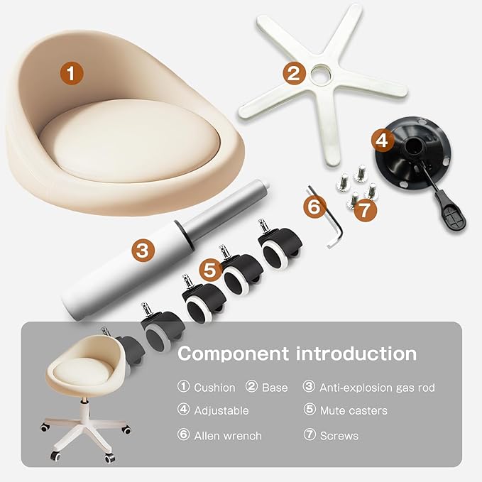 Rolling Stool Chair with Backrest, Round PU Leather Adjustable Height Hydraulic Swivel Rolling Stool for Spa Salon Tattoo Massage Doctor Dental Medical Office Beige