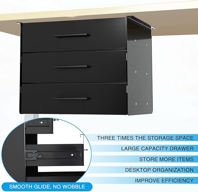 Menkxi 16 inch Under Desk Drawer Storage Pull out Storage Organizer Mounted Metal Sliding Hidden Under Counter Drawer Vertically Stacked for Office Sit Stand Workstation(3 Layer)