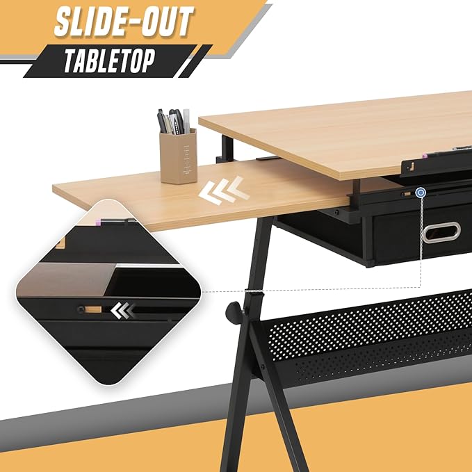 Drafting Table with Height Adjustable Wood Top, Drawing Table with Storage Drawers, Extendable Design, Art Desk Ideal for Drawing, Painting, Writing, Home Office, Natural
