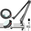 10X Magnifying Glass with Light and Clamp, Real Glass Stand Lighted Magnifier, 2*16 Arm 5 Color Modes Stepless Dimmable LED Desk Lamp Hands Free for Craft Hobby Reading Painting Close Work Large Black