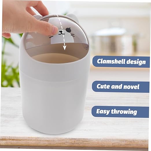 Cute Cartoon Bear Desktop Trash Can Lid Mini Plastic Waste Bin for Home Office Slim Design for Bedroom and Desk