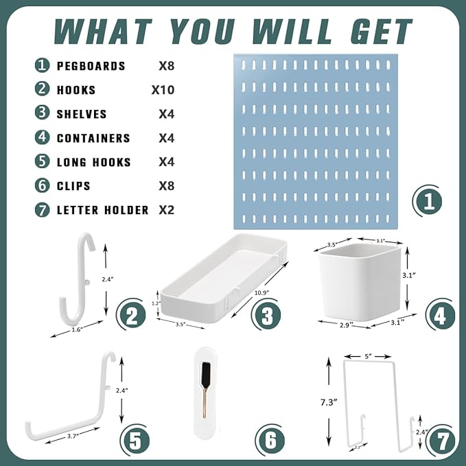 MULSAME Pegboard Combination Kit, Wall Mounted Storage Set with 8 Pegboards & 32 Accessories Hanging, Blue Peg Boards Organizer for Walls Display, Crafts Organization, Kitchen Organizer, 22" x 44"