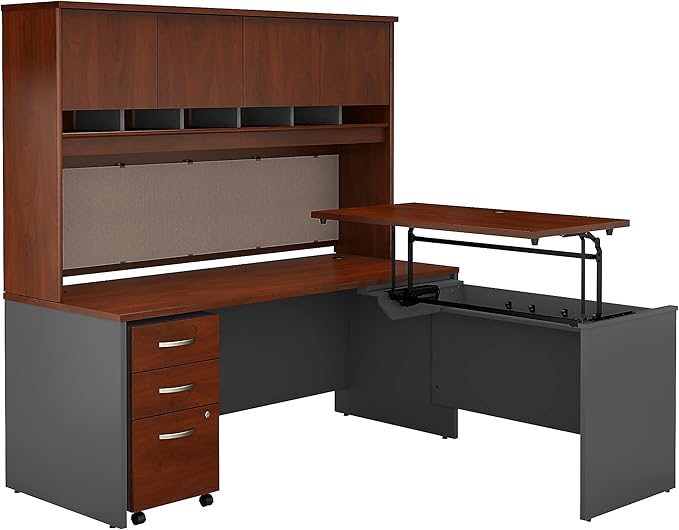 Bush Business Furniture Series C 72W x 30D 3 Position Sit to Stand L Shaped Desk with Hutch and Mobile File Cabinet in Hansen Cherry/Graphite Gray
