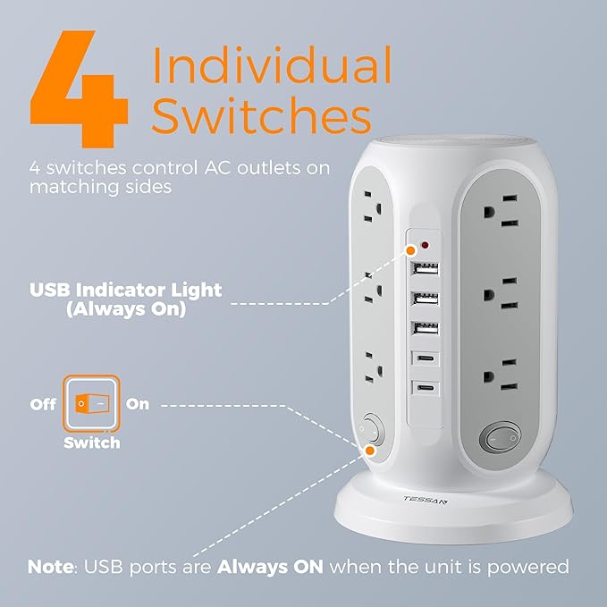 TESSAN Tower Power Strip with Individual Switches, Surge Protector with 12 Outlets, 5 USB Ports(2 USB C), Flat Extension Cord 15 Ft, 1250W, Charging Station for Multiple Devices, Office, Dorm, Grey