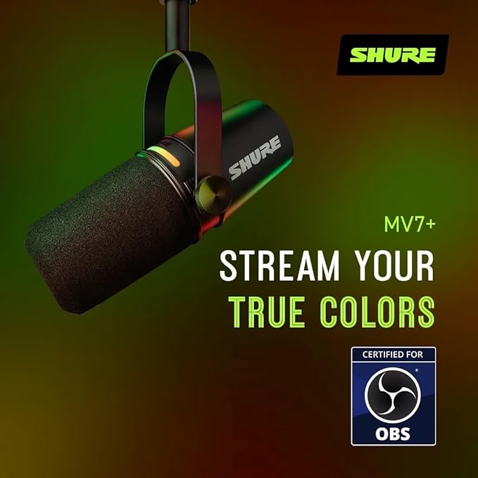 Shure MV7+ Dynamic Microphone – USB-C & XLR Podcast Mic for Streaming, Recording & Broadcasting, OBS Certified, Auto Level Mode, Digital Pop Filter, LED Panel, Black