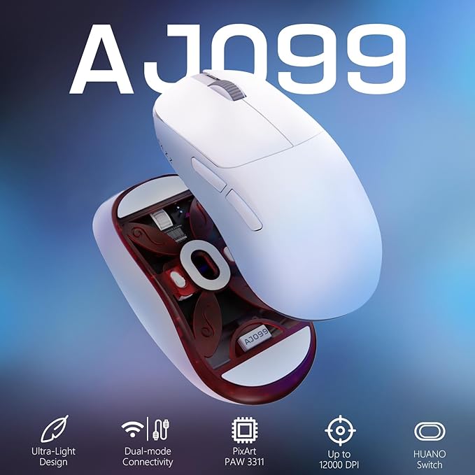 FELICON x AJAZZ AJ099 Wireless Gaming Mouse, 59g Lightweight Pixart Sensor PAW3311, 6 DPI up to 12K, 2.4G/USB-C Wired 200Hrs Battery Programmble Computer Mice for WIn/Mac/PS4/XBOX/Gamer/Office(White)