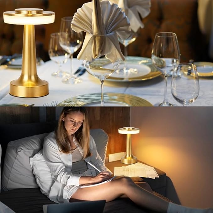 JHPGEOE Cordless Metal Desk Lamp, Touch Sensor Control LED Table lamp,3 Color Stepless Dimmable Battery Powered Lamp for Living Room, Dorm, Home Office(Light Gold)