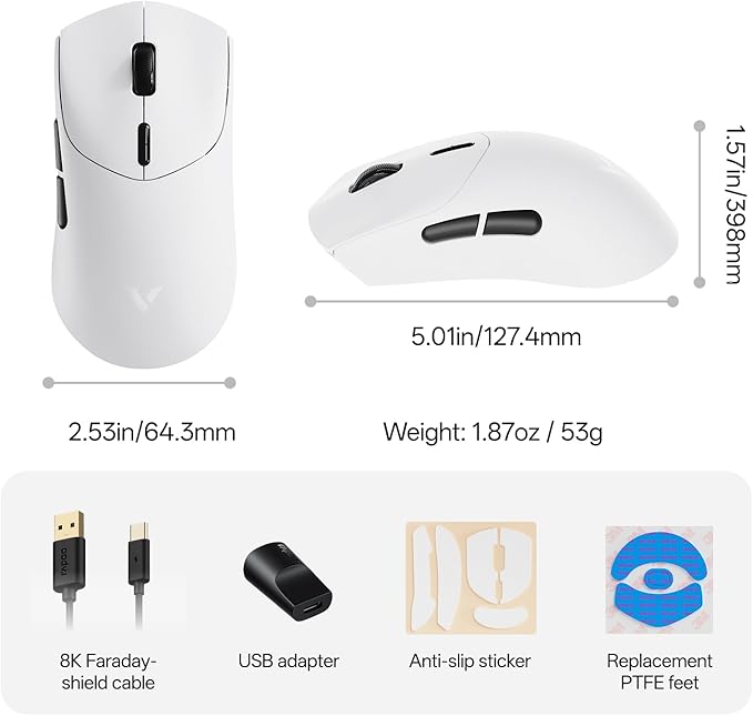 Rapoo VT7 MAX Wireless Gaming Mouse, True 8K Wireless Polling Rate, 53g Lightweight, Up to 750 Hr Battery, Nordic nRF54L15 MCU, 120-Million Optical Switch, 10 Programmable Buttons, Macro Enabled