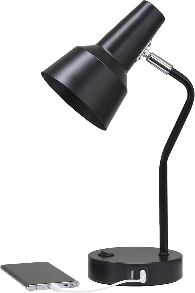 Simple Designs LD1072-BLK 15.2" Sleek Essentials Metal Cone Shade Desk Lamp with Adjustable Shade and Dual USB Ports, for Office, Desk, Nightstand, Dorm, Black