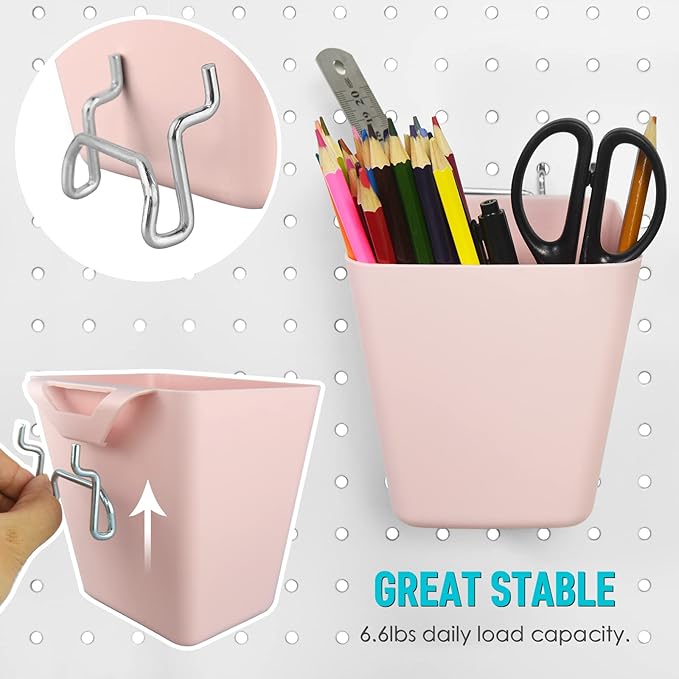 G.CORE Large Pegboard Cups Peg Board Storage Bin 6 Pack with Hooks, Square Box Shape Pegboard Cup Holder Accessories for Garage Workbench/Craft Room/Office/Playroom/Home Kitchen Organization (Pink)