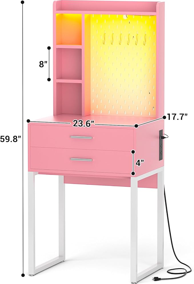 Besiost Small Vanity Desk with Hutch and Drawers, Pink Makeup Vanity Desk with Outlets, Vanity Table Dressing Table with LED Lights, Vanity Desks No Mirror with Pegboard for Girls Women, 24"