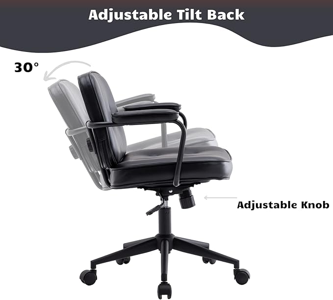 HEAH-YO Modern Armless Desk Chairs Set of 1, Swivel Computer Task Chair with Wheels and Armrests, PU Leather Adjustable Office Chair with Backrest for Home Base, Black