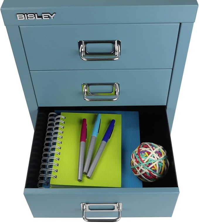 Bisley 3-Drawer Steel MultiDrawer Cabinet - Doulton Blue, Chrome Pull Handles with Label Holders, Powder-Coated Steel, Removable Drawers, Desktop Storage, Labels Included