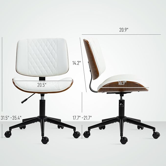 HOMCOM Home Office Chair No Arms with Wheels, PU Leather Mid Back Small Desk Chair with Adjustable Height, 360 Degree Swivel for Office, Reading, Meeting Room, White