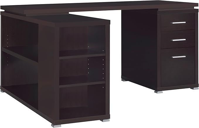 L-Shaped Computer Desk with 3 Drawers & 5 Shelves Cappuccino Brown Finish Solid Wood & MDF Corner Desk for Home Office 29.5H x 60W x 47.25D Workstation (1-Piece Set)