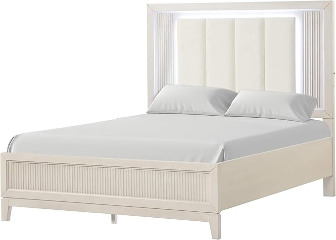GOWE Antique White 3pc Bedroom Set Queen Size Bed 2X Nightstands LED Headboard Bedroom Furniture Transitional Style Antique White Color Fabric, Foam, Solid Wood, Birch Veneer