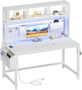 White Gaming Desk with Hutch and Pegboard - Computer Desk with Hutch, Power Outlet, 47 Inch Art Desk with Storage, Hooks, RGB and Side Bag, Writing Modern Study Teen Desks for Girl Bedroom Home Office