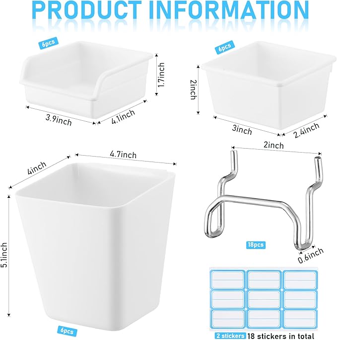 Uiifan 18 Set Pegboard Bins Kit Plastic Pegboard Cups with Metal Hooks Wall Containers Organizer Accessories with Label Stickers for DIY Tools Craft Office Workshop Garage Storage(White)