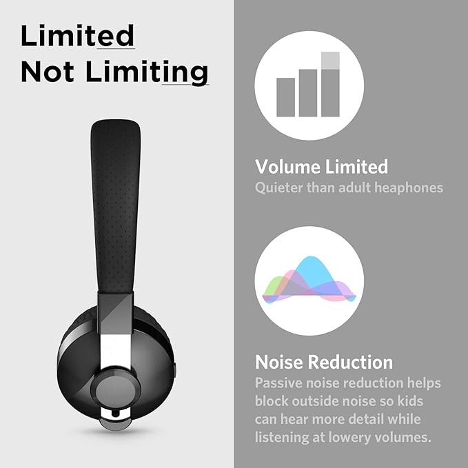 LilGadgets Untangled Pro On-Ear Kids Headphones - Black, Ages 4+, Volume-Limited - Bluetooth & Wired Earphones with SharePort, SoftTouch Padding, 3.5mm Cord, Built-in Mic, 12H Battery