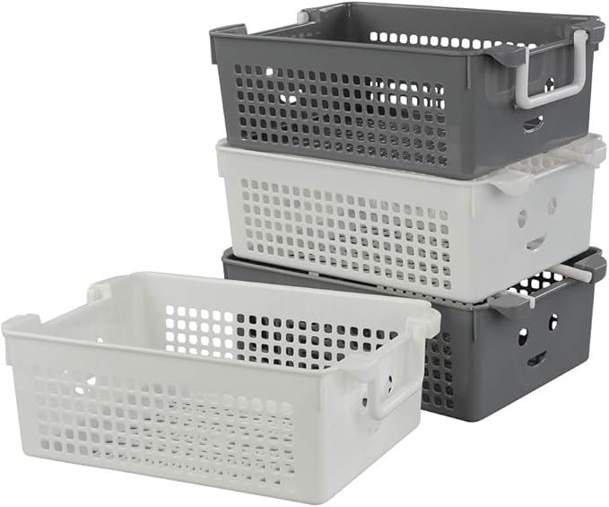 Stackable Plastic Storage Baskets/Bins Organizer with Handles, Set of 4 (White, Grey)