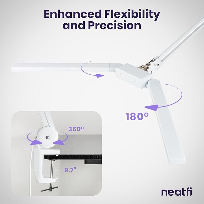 Neatfi LED Desk Lamp | 3,000 Lumens | Dimmable 30W Desk Light | 360 SMD LEDs | CRI 95 | Adjustable Color Temperature | Task Lamp for Home, Office, or Workbench (White, 41-Inch, CCT with Clamp)