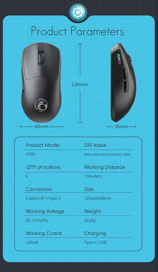 Maine Charging 3-Mode Wireless Gaming Mouse with 12800 DPI. Lightweight Design. Factory Wholesale Sales. (Black, 100PACK)