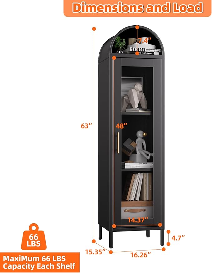 Aobabo 63“H Metal Arched Display Cabinet with Glass Door,Arched Bokcase with 2 Adjustable Shelves for Home Office,Assembly Required, Black