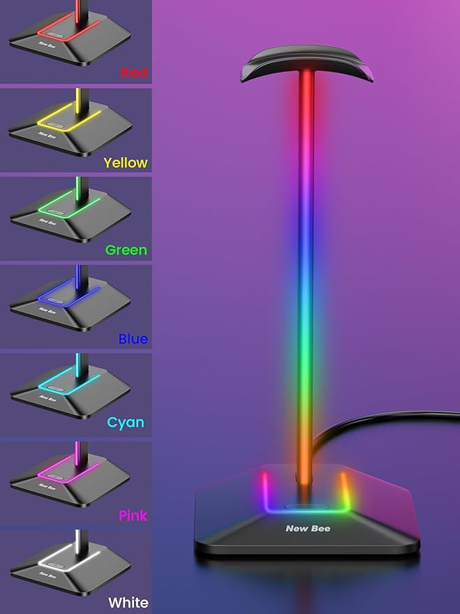 New bee RGB Headphone Stand Desk Gaming Headset Holder with 7 Light Modes and Non-Slip Rubber Base Suitable for All Earphone Accessories(Black)