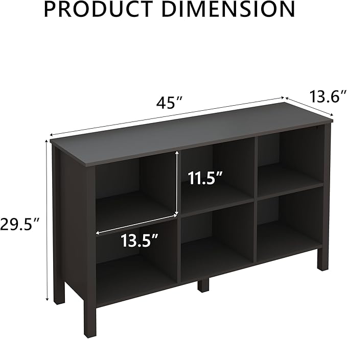 6-Cube Bookcase, Farmhouse Wooden Bookshelf Low Storage Organizer, 45" Horizontal Black Console with Legs, Hallway Book Case for Entryway, Display Cabinet for Living Room (Black, 6-Cube)