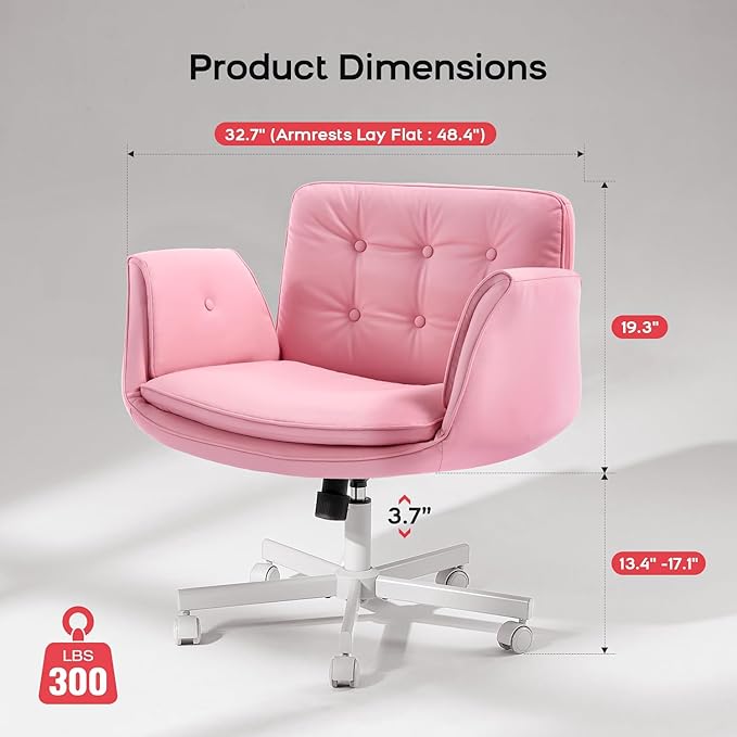 amseatec Criss Cross Chair with Armrests & Wheels, PU Leather Vanity Chair, Comfortable Adjustable Swivel Computer Office Desk Chairs for Home, Make Up, Bed Room (Pink)