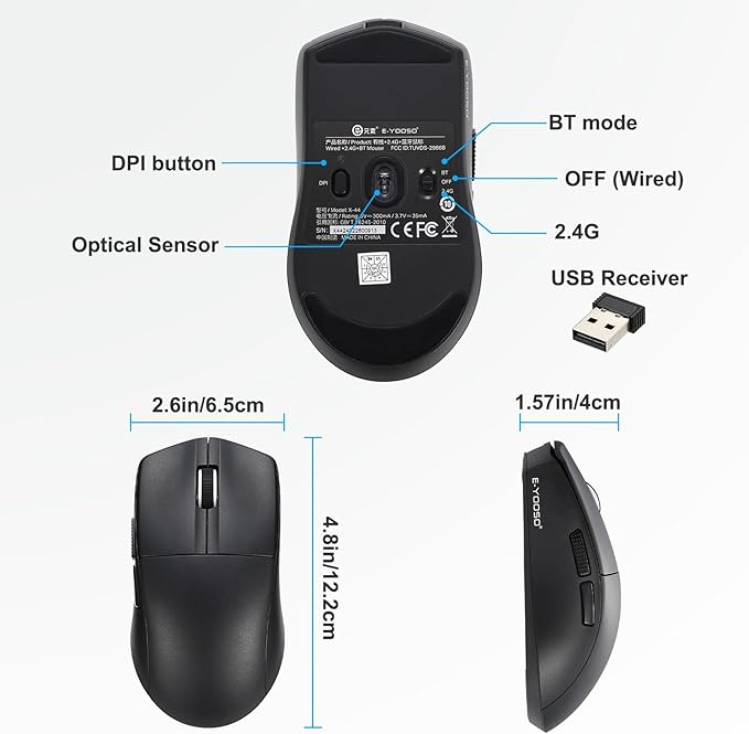 HUO JI E-YOOSO Wireless Gaming Mouse, 49g Superlight, Bluetooth 5.1/2.4G/Wired, 26,000 DPI, 5 Programmable Buttons, 150 Hr Rechargeable Battery, Software Support for PC, Mac, Black