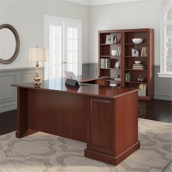 Pemberly Row L Shaped Executive Desk and 2 Bookcases, Harvest Cherry Finish, Engineered Wood, Durable Laminates, Gold Brass Hardware, 66W x 71D Office Set for Home or Professional Workspace