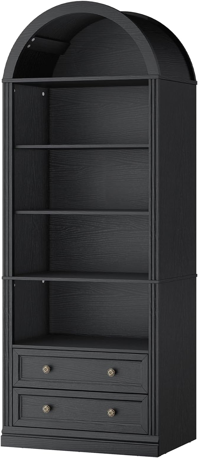 RALGEND Farmhouse Arched Bookshelf, 7 Tiers Arch Bookcase with 2 Spacious Drawers, Modern Book Shelf with Open Display Shelves and Storage Cabinet, for Office, Living Room, Kitchen, Black
