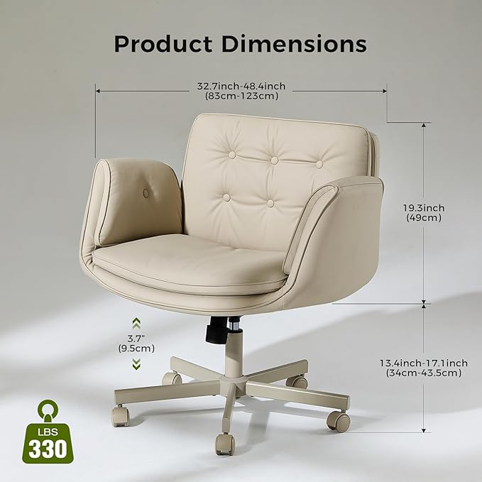 amseatec Criss Cross Chair with Armrests & Wheels, PU Leather ADHD Home Office Desk Chair, Comfortable Lounge Chair for Home, Make Up, Bed Room, 5-Gear Adjustable Arm,Wide Seat,Swivel(Cream/Beige)