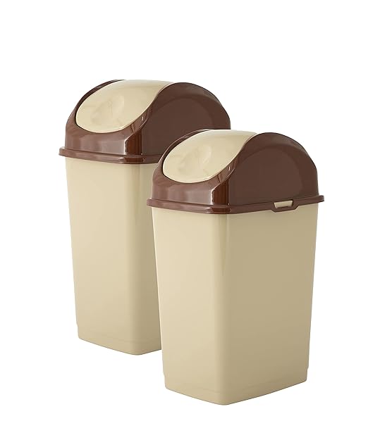 Superio Mini Desktop Trash Can with Swing Top Lid Portable Plastic Garbage Can for Countertop, Desktop, Make up Vanity, Bathroom, Car, Under Sink, Dorm, Compact Waste Bin 5 L, 1.25 Gal (2, Beige)