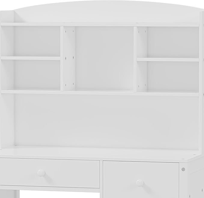 40" Home Executive Desk and Upholstered Chair Set with Bookshelf,Vintage Style Computer Desk with 4 Drawers & Storage Shelf,Study Set for Office, Bedroom or Living Room (White)