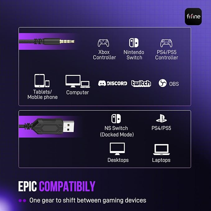 FIFINE Wired Gaming Headset, USB Headphone with 7.1 Surround Sound, Detachable Microphone, Control Box, 3.5mm Headphones Jack, Over-Ear Headset for PC/PS5/Xbox/Switch, Black-AmpliGame H9