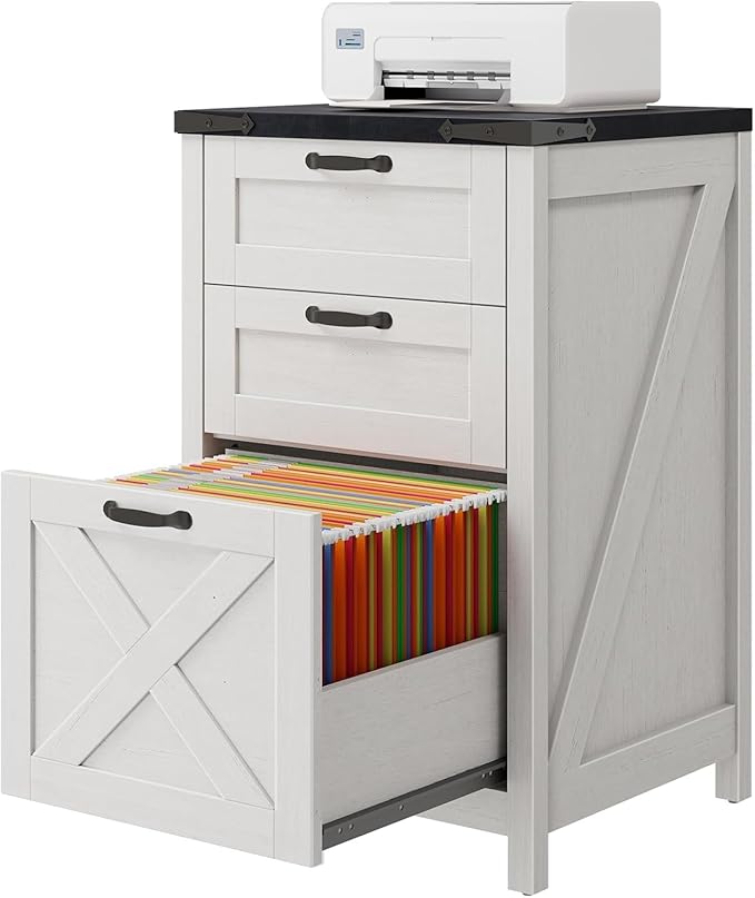 Vabches Vertical File Cabinet with 3 Drawers, Wooden Farmhouse Filing Cabinet for Letter/A4 Size Hanging Files, Under Desk Printer Stand with Storage for Home Office, White and Black