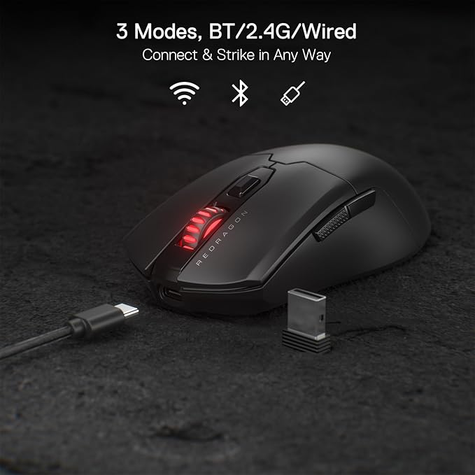 Redragon M995 Pro Wireless Gaming Mouse, 26000 DPI Ergonomic Mouse, BT & 2.4G, 6 Macro Buttons, 51G Ultra Lightweight, Reliable Power Capacity for PC/Mac/Laptop, Black